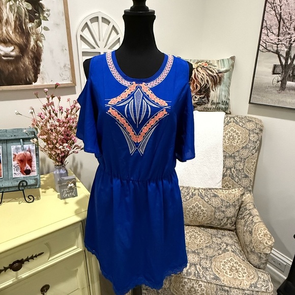 Gianni Bini Blue Smocked Cold Shoulder Sundress - Picture 1 of 7